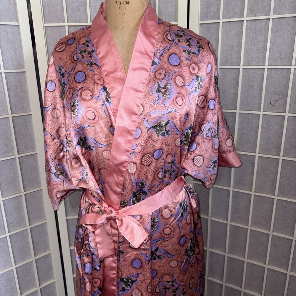 Vtg Contessa Di Roma Pink Floral Satin Cottagecore Coquette Robe Size Medium